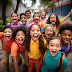 Fototapeta premium First Day Frenzy: Smiling Kids Reunite After Holidays.Excited Reunion: Happy Kids Eager to Start School Again.Starting with a Smile: Children's First Day of School.