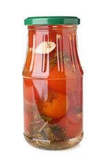 Jar with canned tomatoes on white background