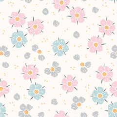 Summer Floral Seamless Pattern. Flowers of Strawberry or Fruit Tree Flower such as Cherry, Pear, Plum or Apple tree. Great for Textile, Wrapping Paper, Packaging etc. Pastel colors