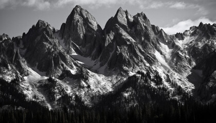 Majestic mountain range, snowcapped peaks, tranquil scene, Alberta wilderness adventure generated by AI