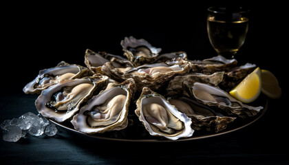 Luxury seafood appetizer fresh oysters, crustaceans, and mussels on plate generated by AI