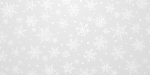 Christmas background of beautiful complex snowflakes in gray colors. Winter illustration with falling snow
