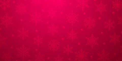 Christmas background of beautiful complex snowflakes in red colors. Winter illustration with falling snow