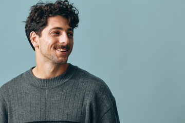 Man copyspace fashion face joyful portrait standing sweater smile hipster mature handsome trendy