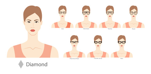 Fototapeta premium Set of types of glasses for Women diamond type faces fashion accessory illustration. Sunglass unisex silhouette style, flat rim spectacles eyeglasses, lens sketch style outline isolated on white