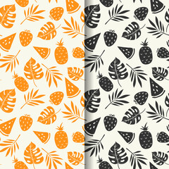 hand drawn summer duotone pattern design with fruits and tropical leaves