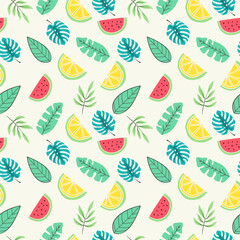 Colorful hand drawn summer seamless pattern with fruits and tropical leaves
