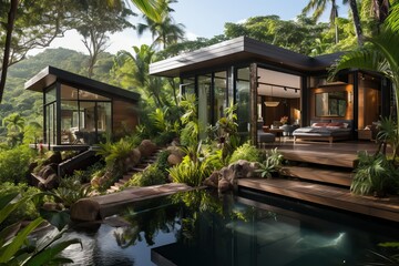 Fototapeta na wymiar Luxury wooden cabin in a tropical landscape, generative ai