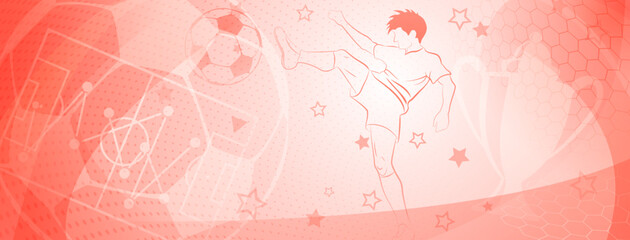 Abstract soccer background with a football player kicking the ball and other sport symbols in red colors