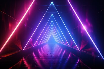 Neon Triangle. Triangles neon lights frame. Neon Light Geometric Objects. Geometric endless tunnel. Abstract flying in futuristic corridor with triangles background.  Made With Generative AI. 