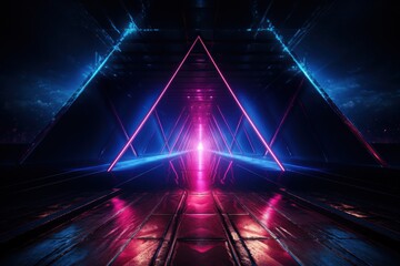 Neon Triangle. Triangles neon lights frame. Neon Light Geometric Objects. Geometric endless tunnel. Abstract flying in futuristic corridor with triangles background.  Made With Generative AI. 