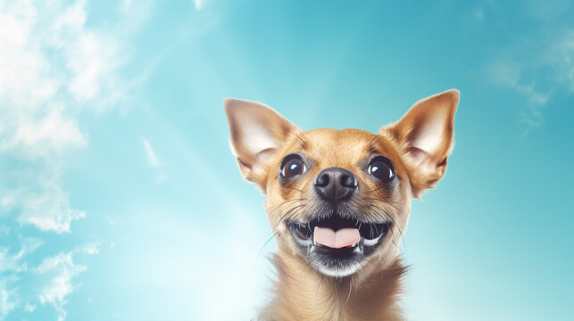The chihuahua dog is looking up into the sky