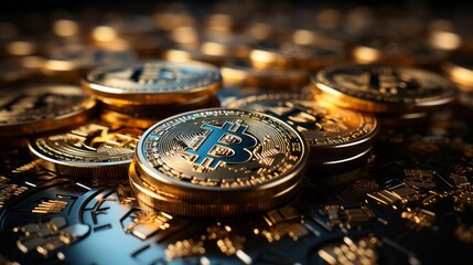 Gold coins with Bitcoin symbol. Generative AI. 