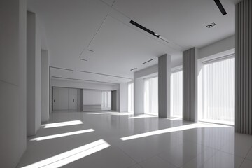 Interior of modern office waiting room with white walls, concrete floor, white computer tables and black armchairs. 3d rendering