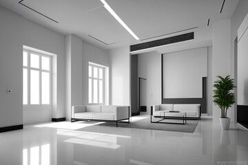 Interior of modern office waiting room with white walls, concrete floor, white computer tables and black armchairs. 3d rendering