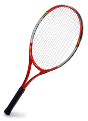 Red Tennis racket sports equipment isolated on white With work path.