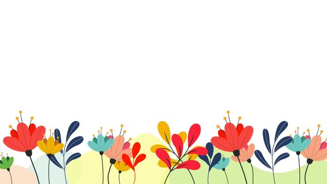 Flower frame animation. Blank botanical template with copy space. Colorful flowers and leaves growing