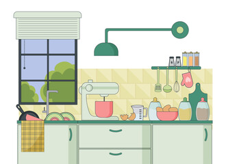 Fragment of a kitchen interior with a window. Mixer and products for cooking. Furniture and utensils, cupboards, jars of spices and cereals, plates and cups, kitchen accessories. Vector flat linear
