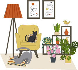 Furniture for the interior - an armchair and pillows, flowers in pots, playing cats. Living room interior with a floor lamp and a green area for flowers. Vector flat linear illustration.