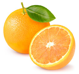 Orange with leaves isolated on white background, Orange fruit on white background with clipping path.