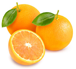 Orange with leaves isolated on white background, Orange fruit on white background with clipping path.