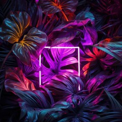 Neon Light Square. Jungle Creative Neon Light With Copy Space.   Creative Fluorescent Color Layout Made of Tropical Leaves With Neon Light Square. Flat Lay. Nature Concept.  Made With Generative AI. 