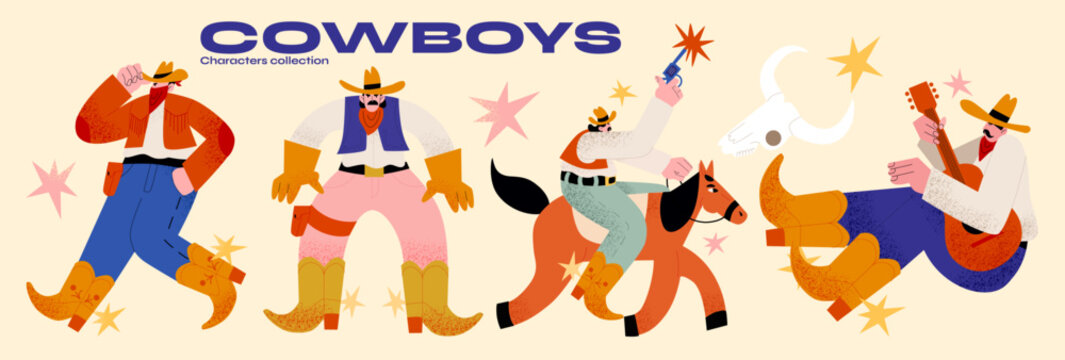 Retro characters cowboys 90s. Cartoon vintage style, groovy illustration of wild west, ranch, horse. Western country mascot
