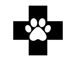 Vet clinic icon. Veterinary symbol. Dog, cat paw icon. Black Vet logo element. Animal paw print medical vector symbol.