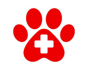 Fototapeta premium Vet clinic icon. Veterinary symbol. Dog, cat paw icon. Red Vet logo element. Animal paw print medical vector symbol.