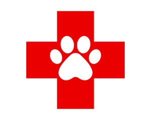 Vet clinic icon. Veterinary symbol. Dog, cat paw icon. Red Vet logo element. Animal paw print medical vector symbol. © Reiu