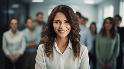 portrait of a businesswoman in front of a business team, smiling

