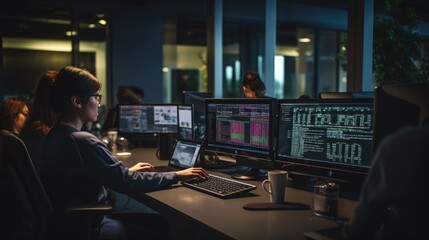 A scene showcasing a team of software developers coding, collaborating, and testing applications in a modern development environment