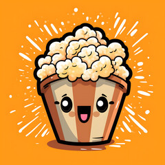 Joyful cartoon popcorn emoji character illustration made with Generative AI. Popping corn mascot on orange background