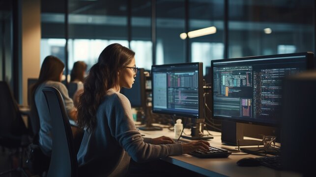 A scene showcasing a team of software developers coding, collaborating, and testing applications in a modern development environment