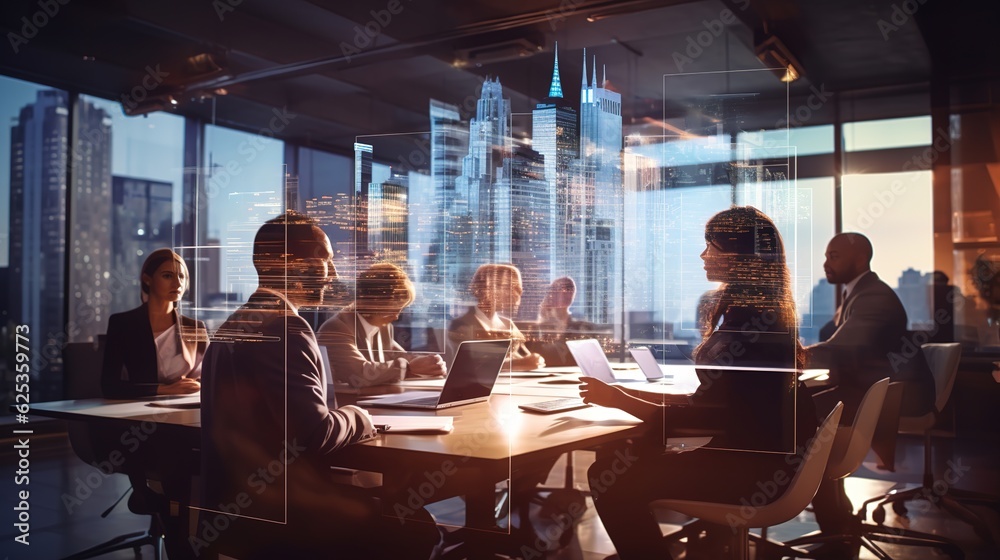 Canvas Prints Double exposure of virtual screen and colleagues at business meeting in office with generative ai