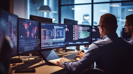 Fototapeta premium A scene showcasing a team of software developers coding, collaborating, and testing applications in a modern development environment