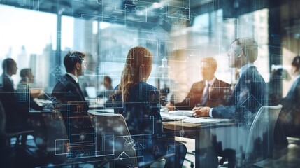 Double exposure of virtual screen and colleagues at business meeting in office with generative ai