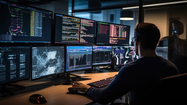 A scene showcasing a team of software developers coding, collaborating, and testing applications in a modern development environment