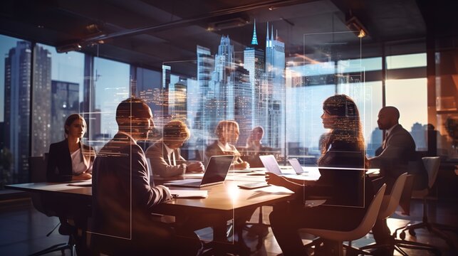 Double Exposure Of Virtual Screen And Colleagues At Business Meeting In Office With Generative Ai