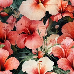 Seamless floral pattern with tropical flowers, watercolor