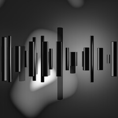 Black and white 3D abstract art with red metal cylinders on abstract background.