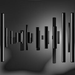 Black and white 3D abstract art with red metal cylinders on abstract background.