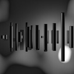 Black and white 3D abstract art with red metal cylinders on abstract background.