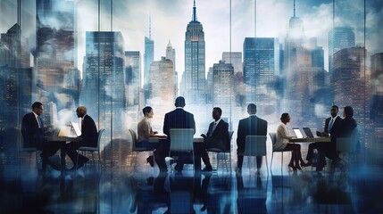 Fototapeta na wymiar Multiple exposure shot of businesspeople having a meeting superimposed over a cityscape with generative ai