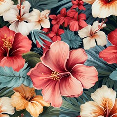 Obraz na płótnie Canvas Seamless floral pattern with tropical flowers, watercolor