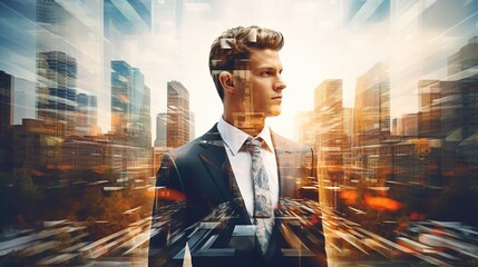 Fototapeta premium Multiple exposure shot of businesspeople having a meeting superimposed over a cityscape, with generative ai