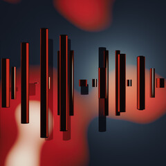 Colorful 3D abstract art with red metal cylinders on abstract background.