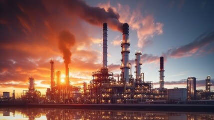 Fototapeta na wymiar Oil and gas refinery plant or petrochemical industry on sky sunset background, Factory with evening, Manufacturing of petrochemical industrial with generative ai