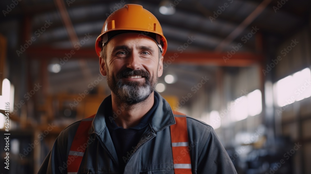 Poster Worker stands while an engineer works. In the workplace, an engineer worker wears a uniform and a hard hat.