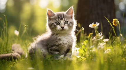 Naklejka na ściany i meble Pretty grey and white kitten outdoors on the grass with generative ai